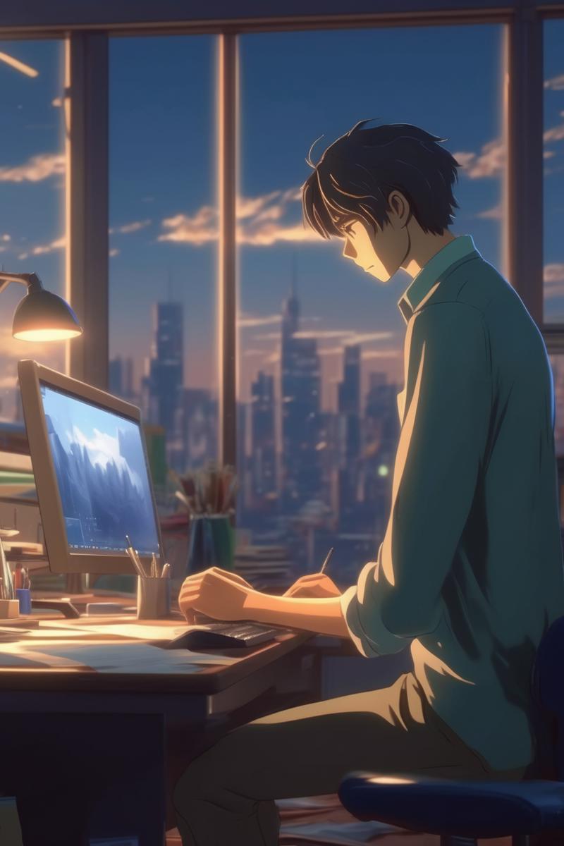 00029-2641349758-_lora_Makoto Shinkai Style_1_Makoto Shinkai Style - a man working at his desk in the style of Makoto Shinkai 4k.png